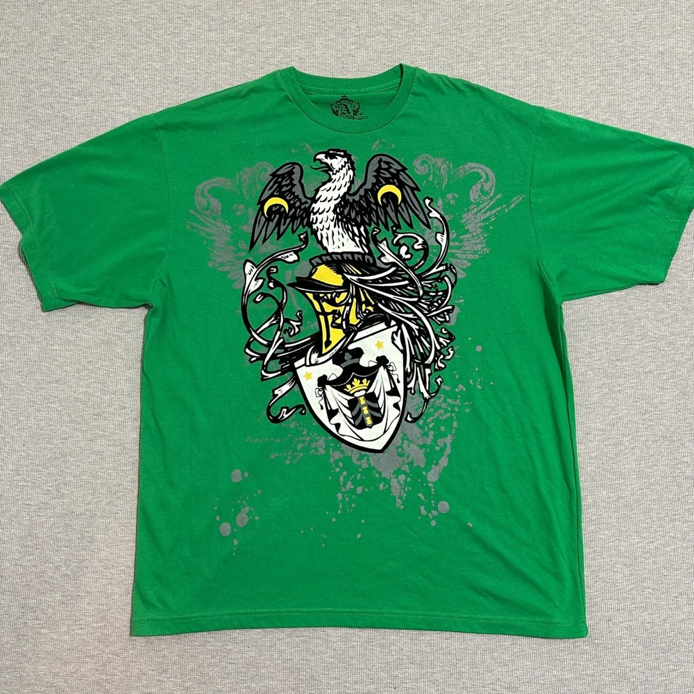 Y2K Attitude Gold Eagle Crest Heraldic Graphic Tee Green Black Yellow 3XL‎